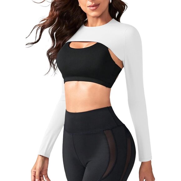 Women's Crop Top Bolero Shrug Long Sleeve Gym Workout Shirt breathable - Picture 4 of 5